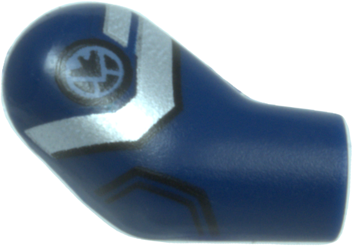 Lego Arm, Right with Silver Armor Plates, Sand Blue SHIELD Logo, and Black Outlines Pattern / Dark Blue