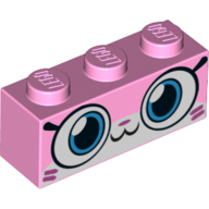 Lego Brick 1 x 3 with Unikitty, Closed Mouth Smile and Magenta Lines in Corners Print / Bright Pink