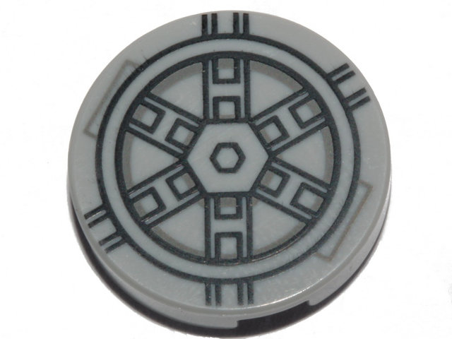 Lego Tile, Round 2 x 2 with Bottom Stud Holder with Black SW TIE Bomber Pattern / Light Bluish Gray