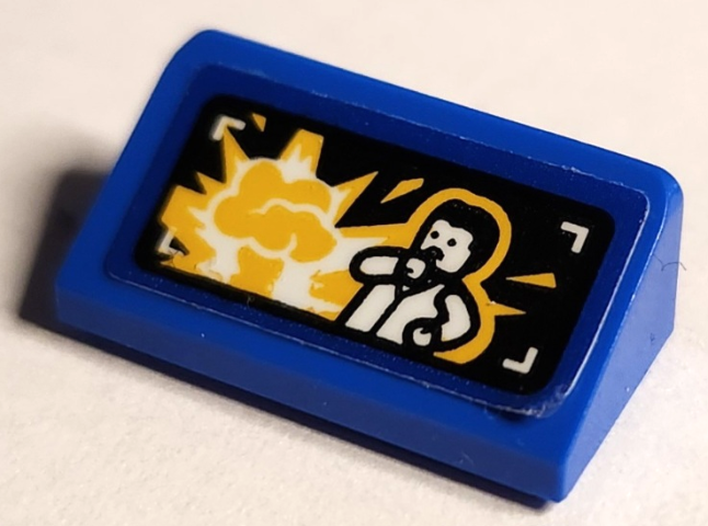 Lego Slope 30 1 x 2 x 2/3 with Screen with White and Yellow Explosion and Minifigure on Black Background Pattern (Sticker) - Set 75941