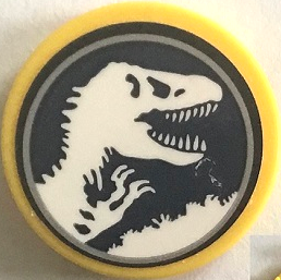 Lego Tile, Round 2 x 2 with Bottom Stud Holder with Jurassic World Logo Pattern (Sticker) - Set 75938 / Yellow