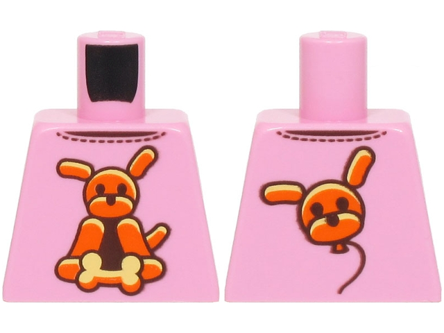 Lego Torso Shirt with Orange, Bright Light Yellow and Dark Brown Balloon Dog with Bone, Dog Head on Back Pattern (BAM) / Bright Pink