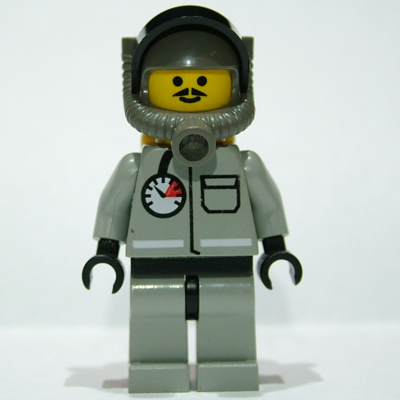 Lego Fireman, Light Gray Fire Suit with Gauge and Pocket, Dark Gray Helmet with Breathing Apparatus, Moustache