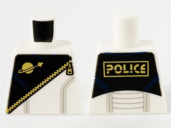 Lego Torso Spacesuit with Black Panel, Gold Zipper and Classic Space Logo, Light Bluish Gray Lines, 'POLICE' on Back Pattern / White
