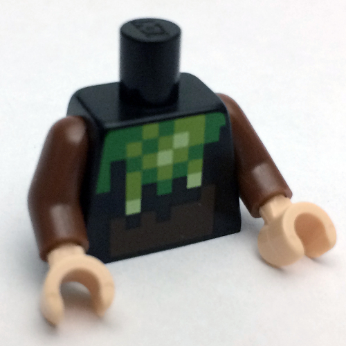 Lego Torso Pixelated Bright Green, Lime and Dark Brown Creeper Costume Print, Reddish Brown Arms, Light Nougat Hands / Black