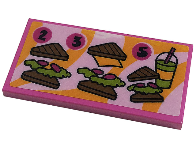 Lego Tile 2 x 4 with Menu with Black Number 2, 3 and 5, Sandwiches and Smoothie on Bright Light Orange and Bright Pink Background Pattern (Sticker) - Set 41444 / Dark Pink