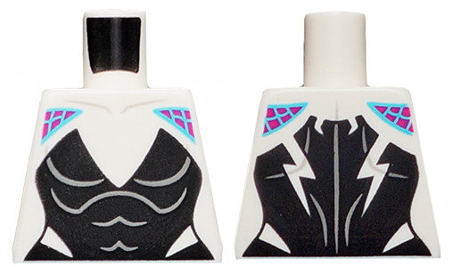 Lego Torso Female Black Bodysuit with Deep V Neck, Magenta Shoulders with Medium Azure Webbing Pattern / White