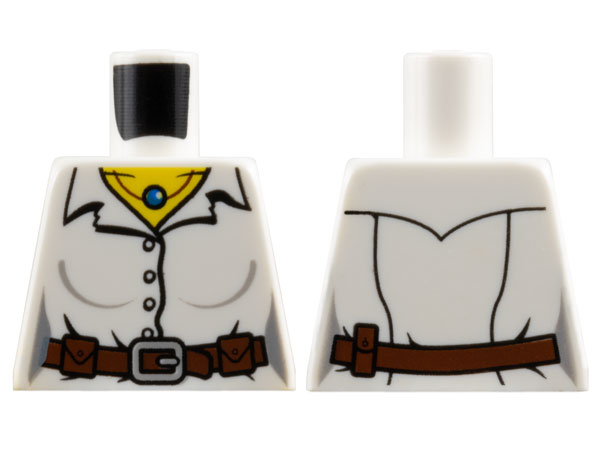 Lego Torso Female Shirt with Collar and Buttons, Reddish Brown Belt with Pouches and Silver Buckle, Necklace with Blue Bead, Yellow Neck Pattern / White