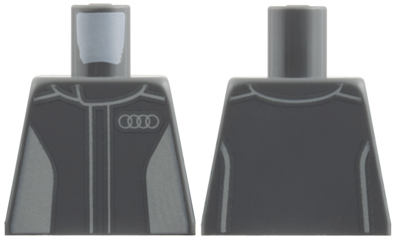 Lego Torso Jumpsuit, Light Bluish Gray Lines and Side Panels, 4 Circles Audi Logo Pattern / Dark Bluish Gray