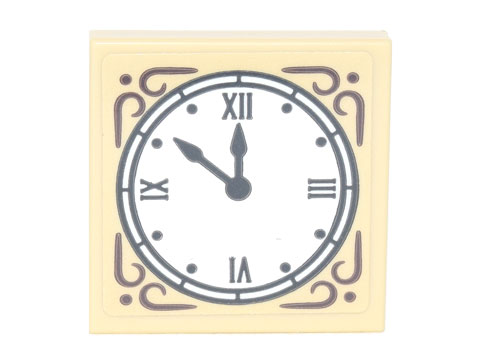 Lego Tile 2 x 2 with Ornate Clock Face with Roman Numerals 'XII III VI XI' Pattern (Sticker) - Set 10293 / Tan