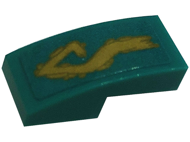 Lego Slope, Curved 2 x 1 x 2/3 with Gold Tribal Symbol Tattoo on Dark Turquoise Background Pattern Model Right Side (Sticker) - Set 71746 / Dark Turquoise