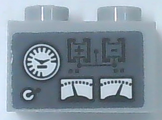 Lego Brick 1 x 2 with White Speedometer and Gauges, Black Battery Diagram and Plus and Minus Sign on Dark Bluish Gray Background Pattern (Sticker) - Set 60216