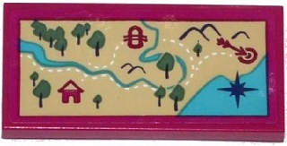Lego Tile 2 x 4 with Map with Mountains, River, Trees, Hut, Raft and Arrow Pattern (Sticker) - Set 41122 / Magenta