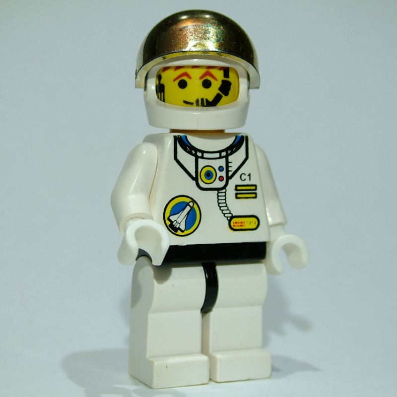Lego Astronaut, White, Black Hips, Helmet with Large Chrome Gold Visor, Headset