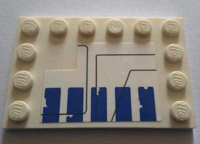 Lego Tile, Modified 4 x 6 with Studs on Edges with 5 Worn Blue Rectangles and Black Lines on White Background Pattern Model Right Side (Sticker) - Set 75155 / White