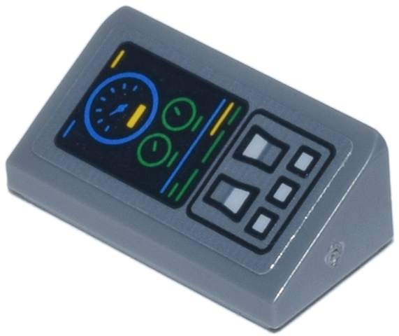 Lego Slope 30 1 x 2 x 2/3 with Control Panel with Buttons, Switches, and Blue and Green Gauges and Stripes Pattern Model Right Side (Sticker) - Set 76269 / Dark Bluish Gray