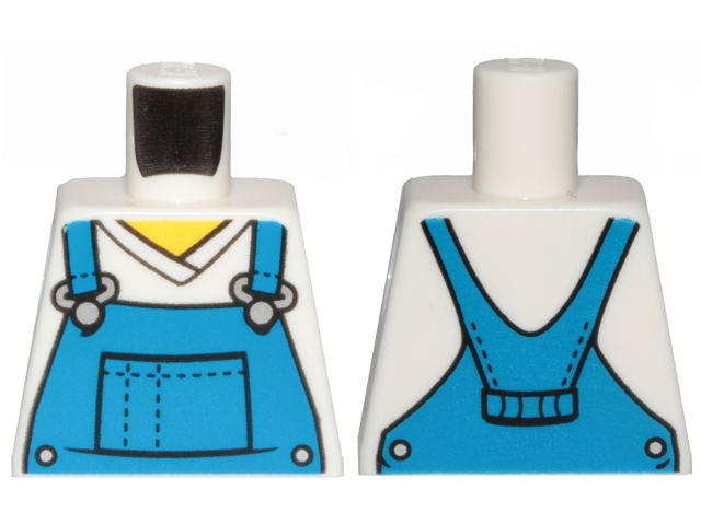 Lego Torso V-Neck Shirt with Blue Overalls, Dotted Horizontal Line on Front Pocket - Printed Back Pattern / White
