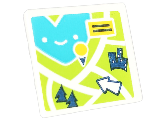 Lego Road Sign 2 x 2 Square with Open O Clip with Lime Map with Arrow, Trees, Buildings, and Medium Azure Heart Lake Pattern (Sticker) - Set 41703