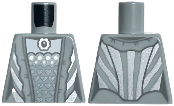 Lego Torso Female Dress with Dark Silver Hearts, Silver Pendant, Dots and Stripes, Dark Bluish Gray Hem Lines and Creases Pattern / Light Bluish Gray