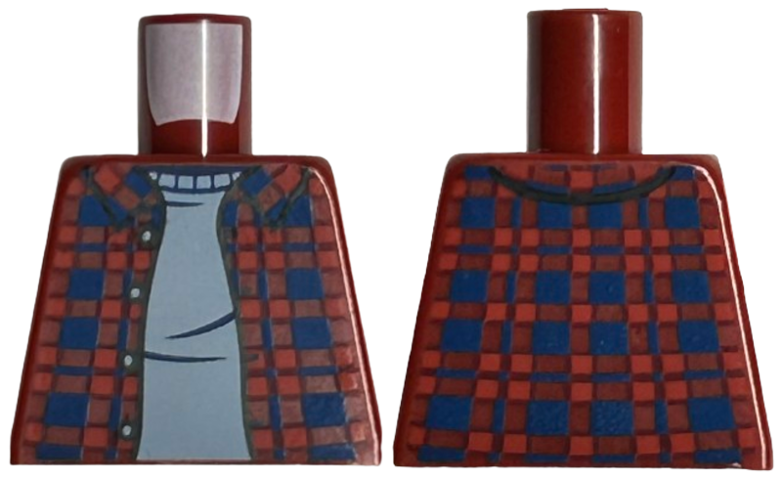 Lego Torso Plaid Flannel Shirt Open with Buttons and Dark Blue Squares over Sand Blue Sweater Pattern / Dark Red