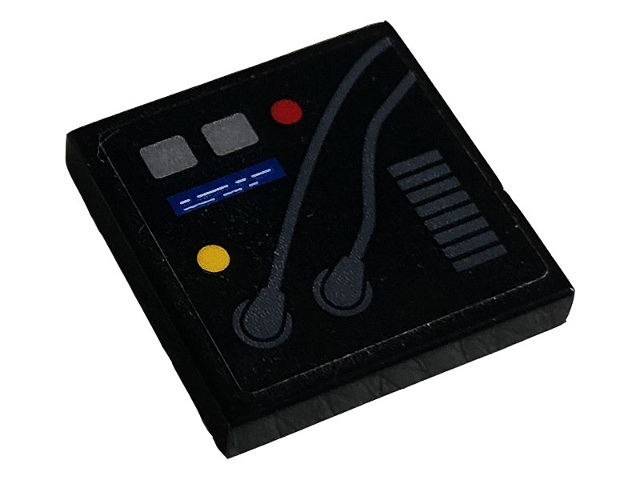 Lego Tile 2 x 2 with Red and Yellow Buttons, Gray Grille and Wires and Blue Display Pattern (Sticker) - Set 42096