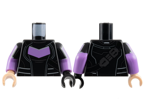 Lego Torso Armor with Light Bluish Gray Lines and Medium Lavender Chevron, Strap with Dark Silver Buckle Pattern / Medium Lavender Arms with Molded Black Short Sleeves and Printed Medium Lavender Shoulder Patches with Light Bluish Gray Lines Pattern / Black Hand Left / Light Nougat Hand Right