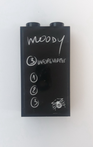 Lego Panel 1 x 2 x 3 with Side Supports - Hollow Studs with 'moody', 'UNFORGIVEABLE', Numbers in White Circles and Spider Pattern (Sticker) - Set 75948