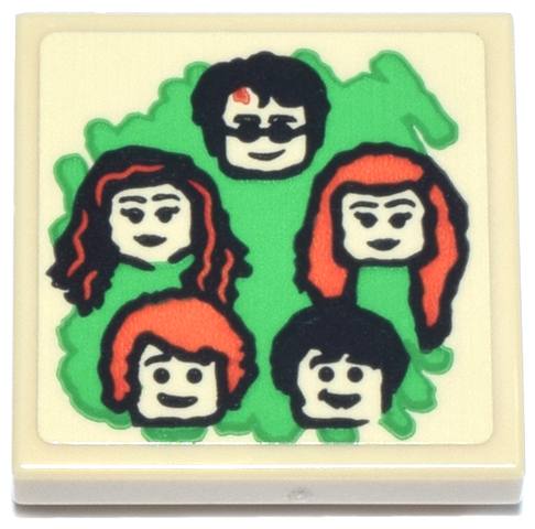Lego Tile, Modified 2 x 2 Inverted with Harry Potter Characters (Harry, Hermione, Ginny, Ron, Neville) on Bright Green Background Pattern (Sticker) - Set 76467 / Tan