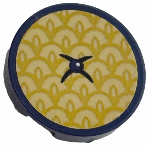 Lego Tile, Round 2 x 2 with Cushion with Gold and Tan Semicircles and Black Button Pattern (Sticker) - Set 75687 / Dark Blue