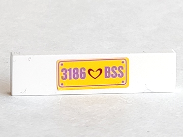 Lego Tile 1 x 4 with Dark Red Heart and Medium Lavender '3186 BSS' on Yellow Background Pattern (Sticker) - Set 3186