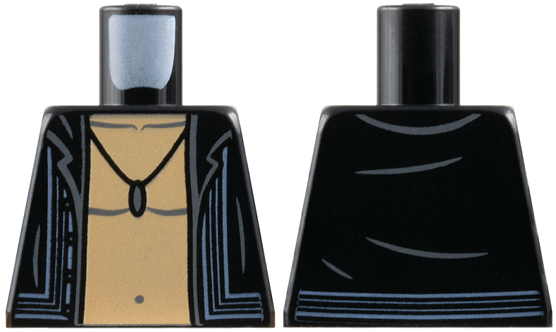 Lego Torso Shirt Open with Sand Blue Lines, Medium Tan Bare Chest, Dark Bluish Gray Muscles Outline, Pendant Necklace Pattern / Black