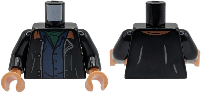 Lego Torso Jacket Open with Reddish Brown Collar over Dark Blue Shirt with Buttons and Dark Green Undershirt Pattern / Black Arms / Nougat Hands