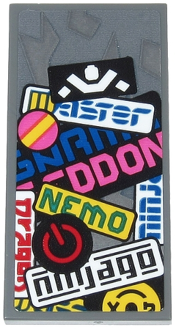 Lego Tile 2 x 4 with Black 'ninjago', Green 'NEMO', White Ninja Silhouette, Power Button, Yellow Stripe and Partial Text Pattern (Sticker) - Set 71710