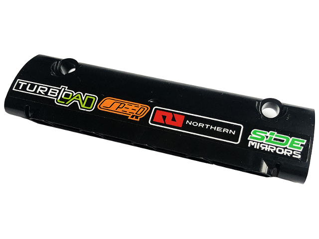 Lego Technic, Panel Curved 11 x 3 with 2 Pin Holes through Panel Surface with 'TURBLOAD', 'SPEED', 'NORTHERN' and 'SiDE MIRRORS' Pattern (Sticker) - Set 42129 / Black