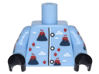 Lego Torso Pajamas with Volcanoes with Lava and Fire and White Clouds Pattern / Bright Light Blue Arms with Volcano Pajamas Pattern / Black Hands
