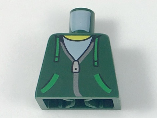 Lego Torso Hoodie with Green Ties and Pockets, Silver Zipper over White Shirt Pattern / Dark Green