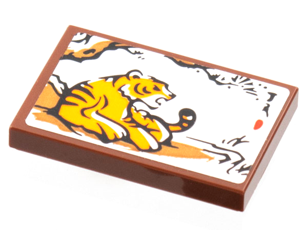 Lego Tile 2 x 3 with Orange Tiger Under Tree Art Print Pattern (Sticker) - Set 80108 / Reddish Brown