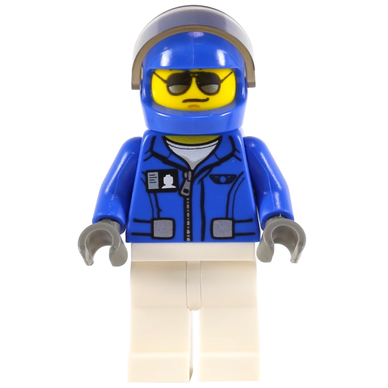 Lego Pilot, Blue Jacket, White Legs, Blue Helmet with Visor, Sunglasses