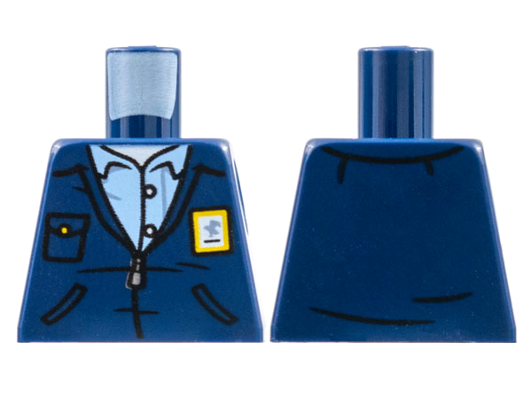 Lego Torso Jacket with Yellow USPS Postal Patch, Silver Zipper, Bright Light Blue Shirt Pattern / Dark Blue