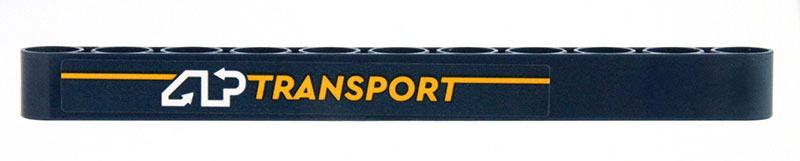 Lego Technic, Liftarm Thick 1 x 11 with Bright Light Orange and White 'AP TRANSPORT' Pattern Model Left Side (Sticker) - Set 42147 / Dark Blue