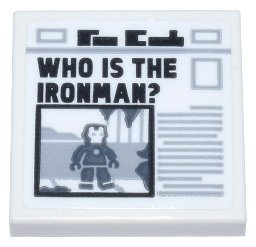 Lego Tile 2 x 2 with Newspaper with Black 'WHO IS THE IRONMAN?', Iron Man Photo, and Light Bluish Gray Text Pattern (Sticker) - Set 76269