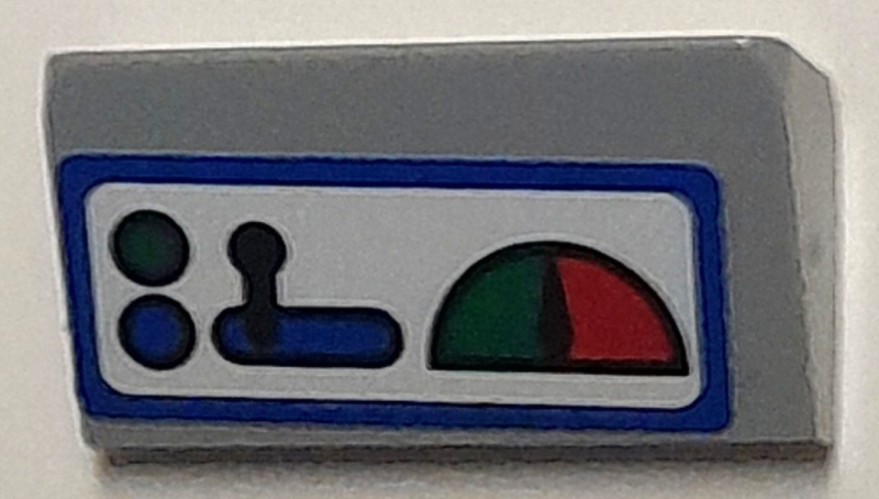 Lego Slope 30 1 x 2 x 2/3 with Train Control Panel with Red and Green Gauge, Lever and Lights on White Background with Blue Border Pattern (Sticker) - Set 40166