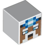 Lego Minifig Head Special, Cube with Pixelated Nougat Face, White Eyebrows, Moustache, Blue Mining Lamp Print / White