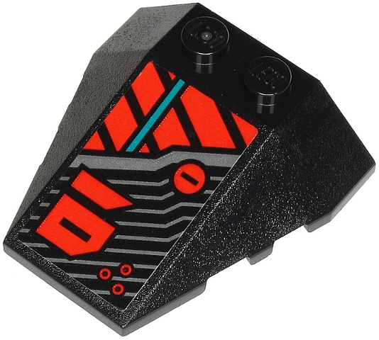 Lego Wedge 4 x 4 Triple with Stud Notches with Red Number 01 and Red, Silver and Dark Turquoise Stripes Pattern Model Left Side (Sticker) - Set 71713
