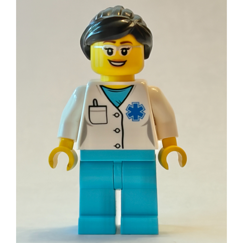 Lego Doctor, Woman, White Shirt over Medium Azure Scrubs with Star of Life and Pocket, Dark Brown Hair, Glasses
