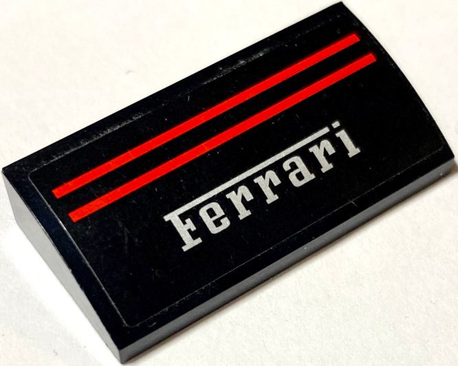Lego Slope, Curved 2 x 4 x 2/3 Without Bottom Tubes with 2 Red Lines and 'Ferrari' on Black Background Pattern (Sticker) - Set 8156 / Black