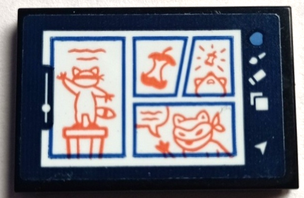 Lego Tile 2 x 3 with Tablet Computer Screen with Icons, Mouse Cursor and Drawing of Comic with Raccoon and Apple Pattern (Sticker) - Set 41739