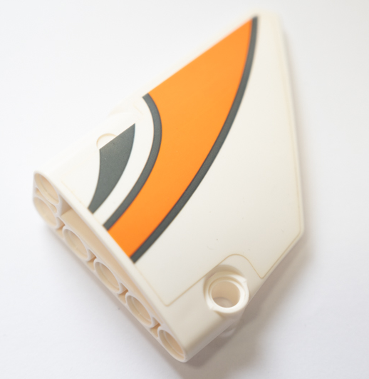 Lego Technic, Panel Fairing #14 Large Short Smooth, Side B with Dark Bluish Gray and Orange Stripes Pattern (Sticker) - Set 42052 / White