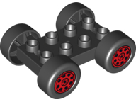 Lego Duplo Car Base 2 x 4 with Black Tires and Red Rally Wheels Pattern (88760 / 88762c01pb01)