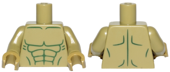 Lego Torso Bare Chest with Dark Green Muscles Outline, Tapered Abdominals Pattern / Olive Green Arms / Olive Green Hands